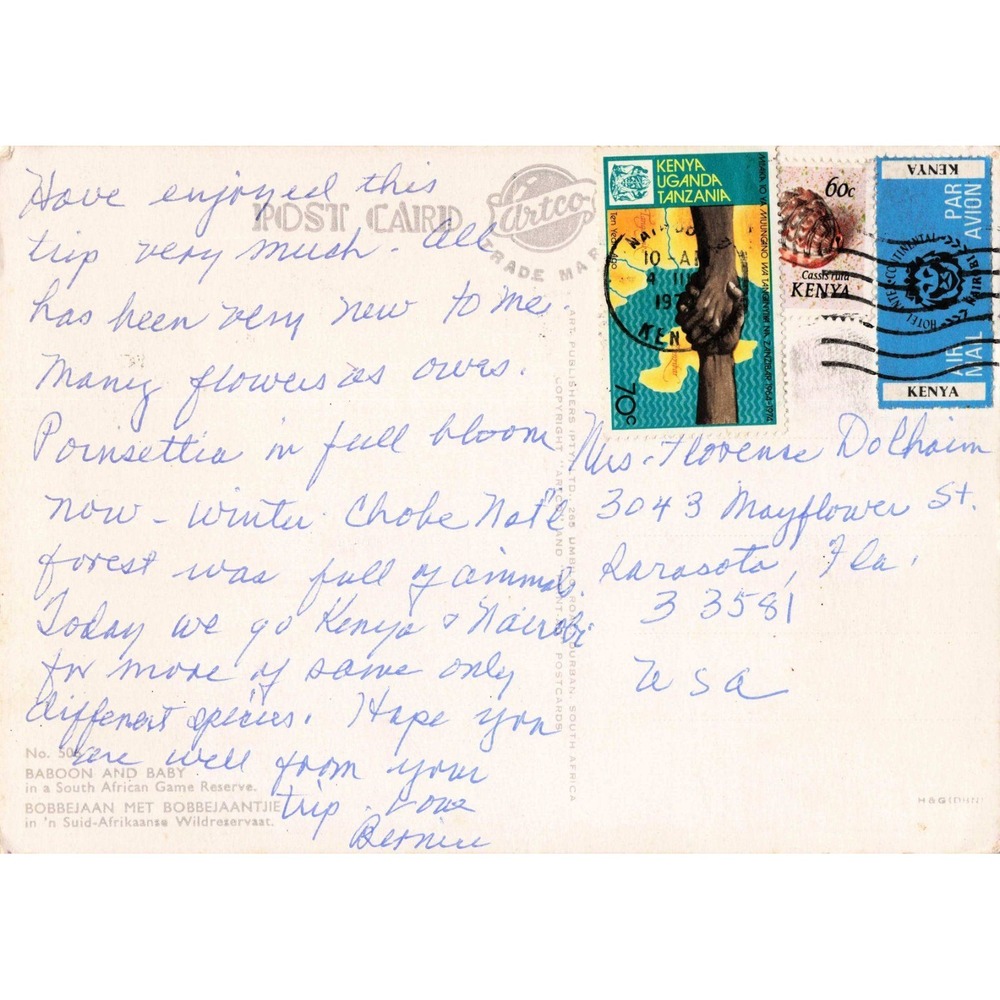 Vintage Baboon and Baby Postcard South African Game Reserve 1974 Kenya Stamps - Picture 2 of 2